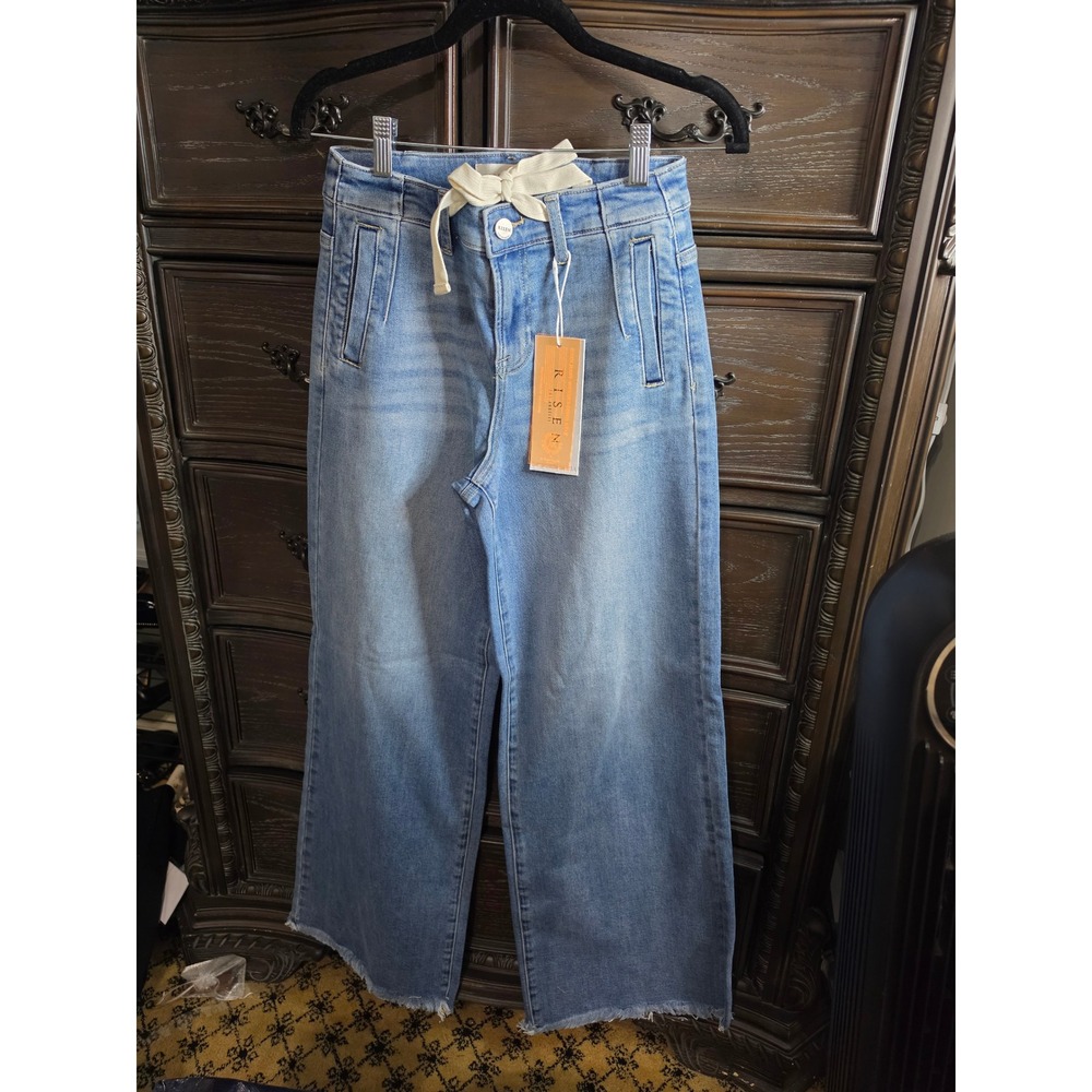 Risen Jeans Los Angeles Light Wash Wide Leg Drawstring Raw Hem PW21645 Size 1/25
